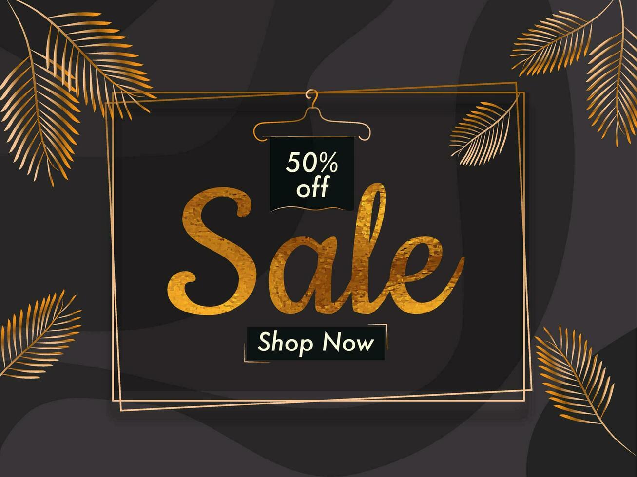 Sale poster or template design with discount offer on black background decorated with golden palm leaves. vector