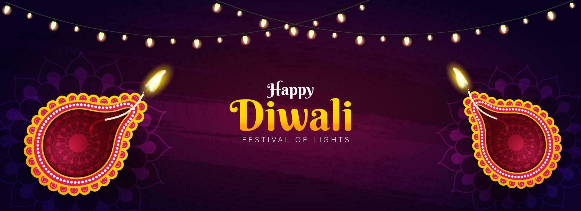 Happy Diwali celebration header or banner design with top view of illuminated oil lamps and lighting garland decorated on purple texture background. vector