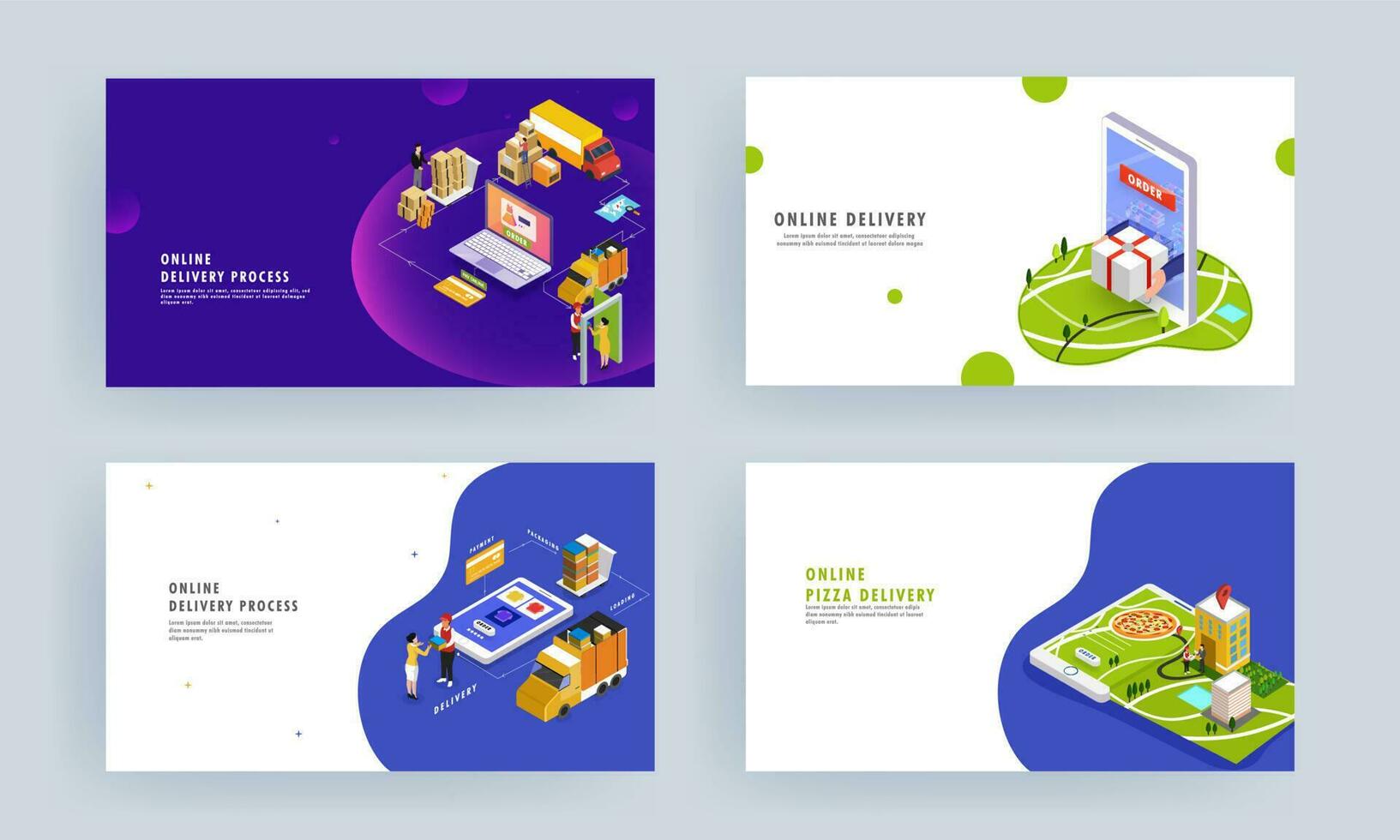 Online delivery process based isometric design with product order, packaging, shipping and courier boy delivering at destination point. vector