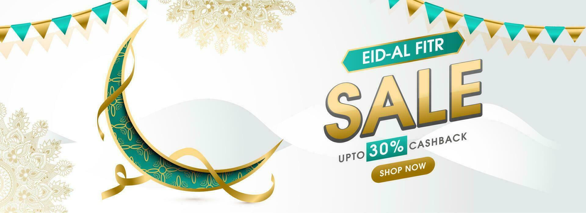 Eid- Al-Fitr sale header or banner design with cashback offer, illustration of crescent moon and mandala flowers decorated white wavy background. vector