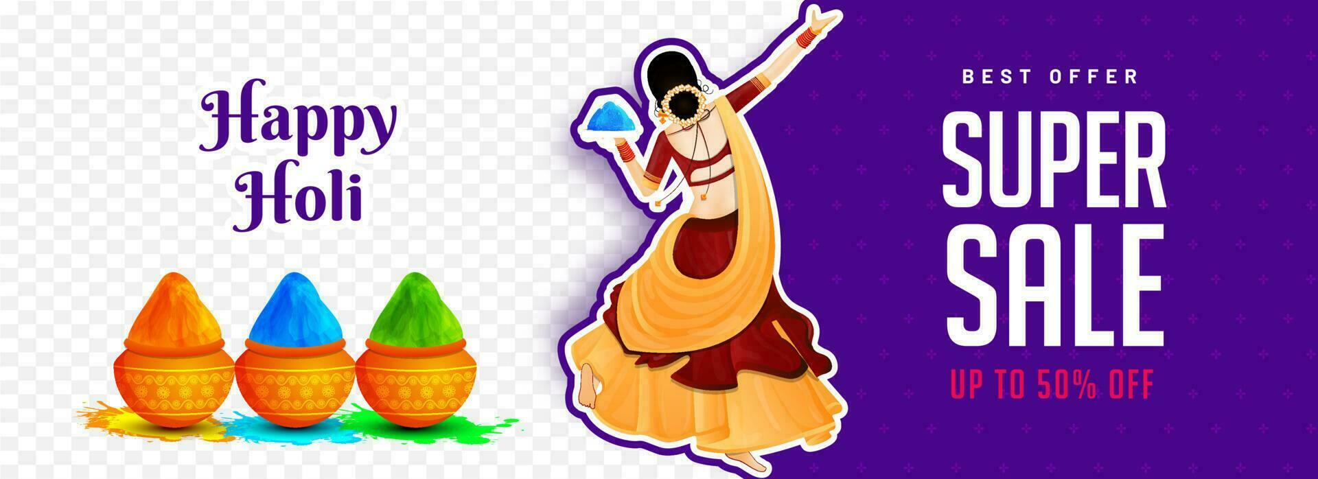 Super sale header or banner design with illustration of dancing girl character and discount offer for Holi festival celebration concept. vector