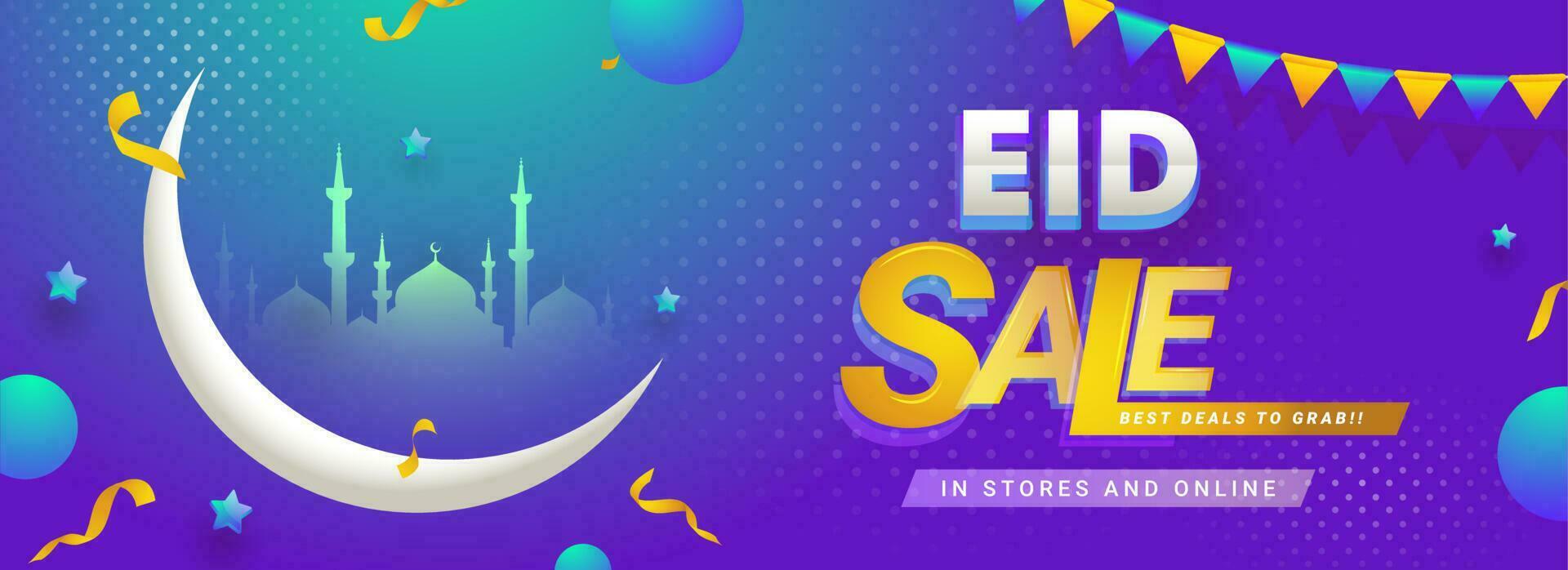 Website header or banner design with illustration of crescent moon mosque on purple abstract design for Eid sale concept. vector