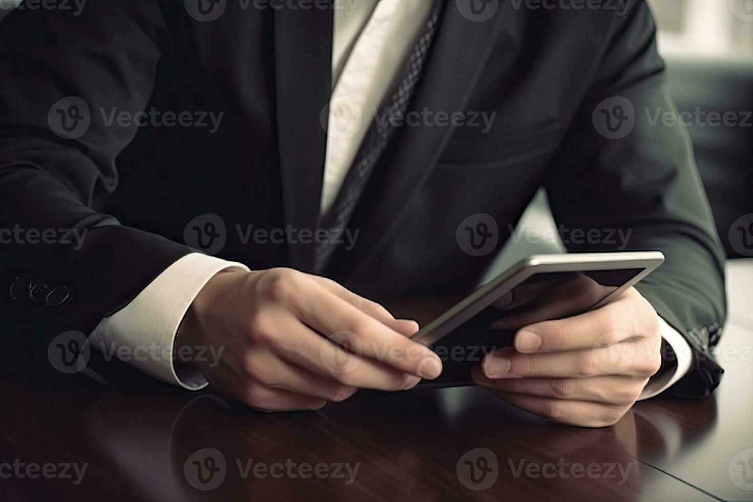 Businessman using mobile phone with blank screen sitting at office desk. photo