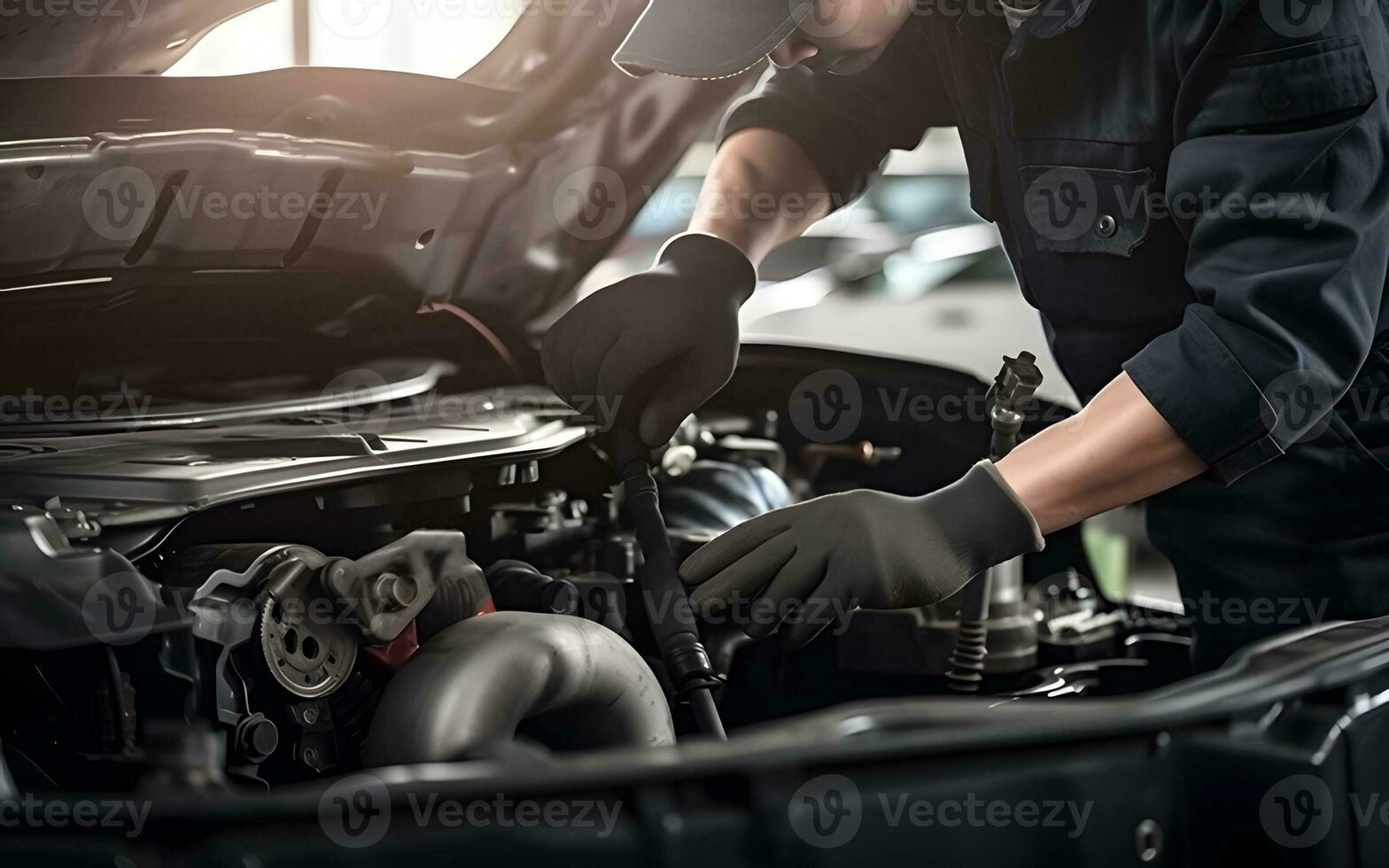 auto mecánico trabajando en coche roto motor en mecánica Servicio o cochera. transporte mantenimiento llave inglesa detial foto