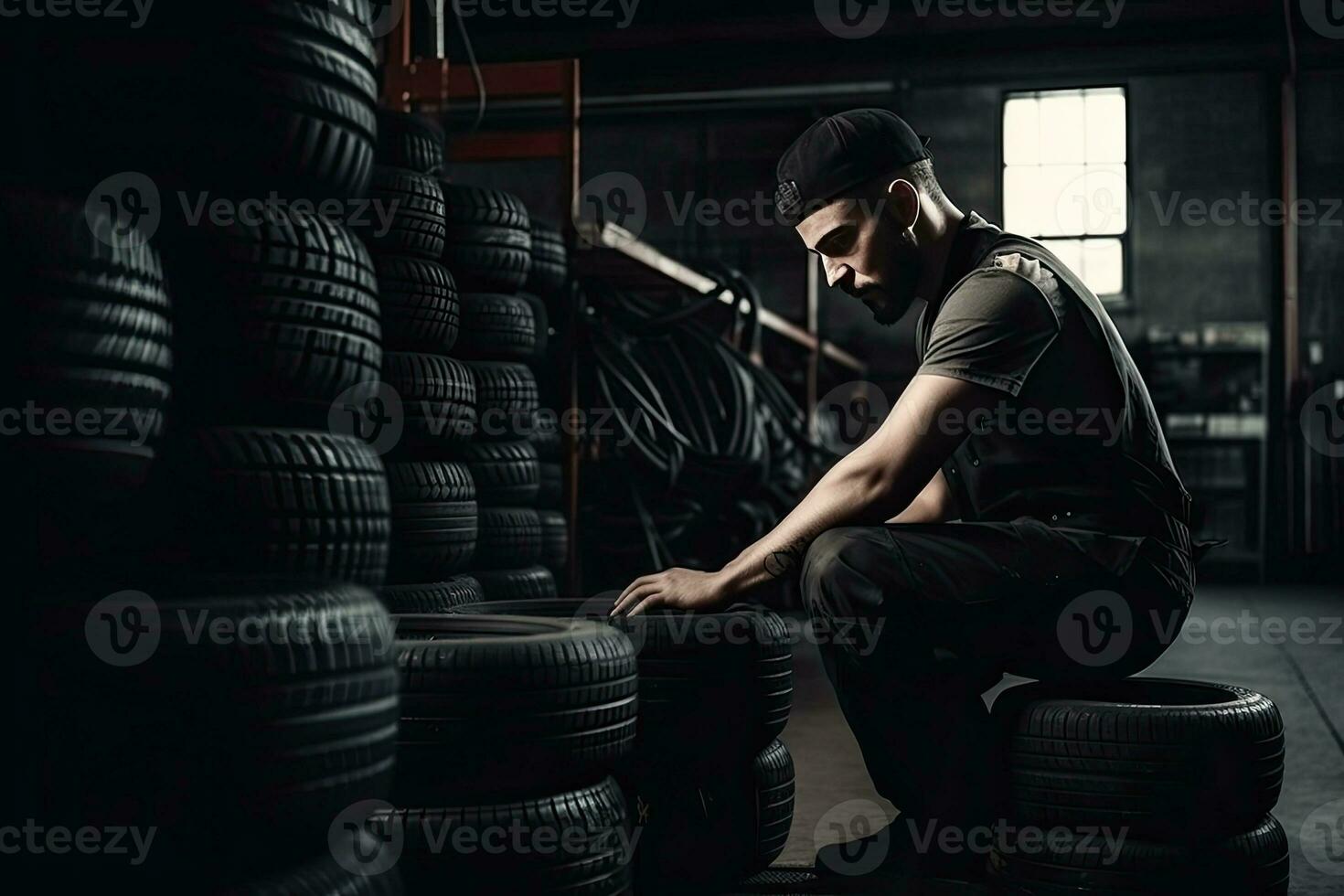 Mechanic service is changing new tires and wheels. on the garage background photo