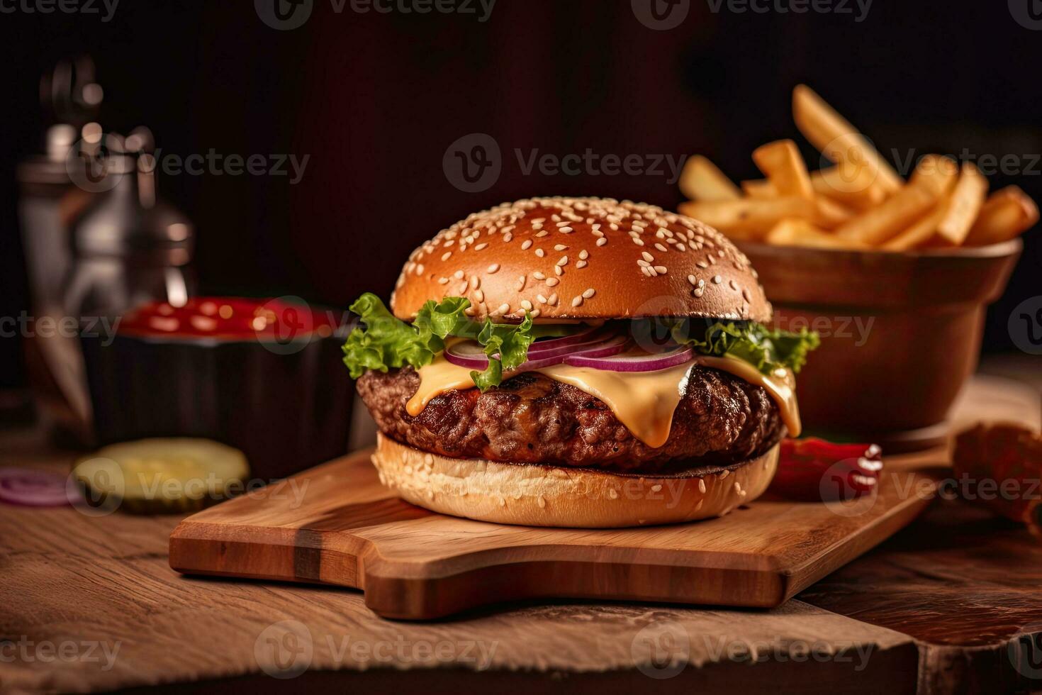 Cheese burger - American cheese burger with Golden French fries on wooden background photo