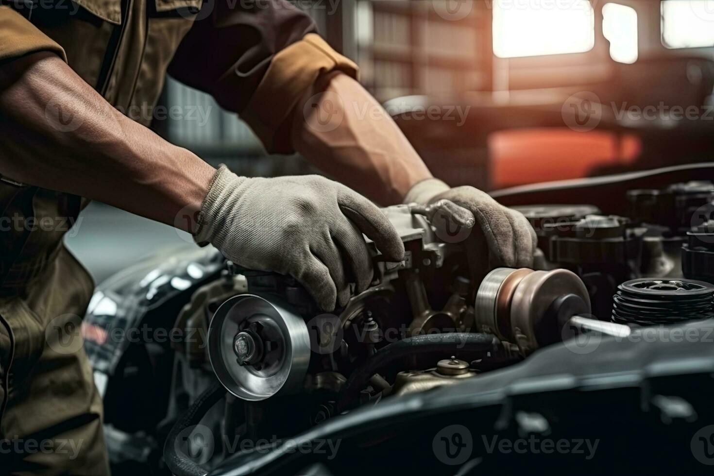 Auto mechanic working on car broken engine in mechanics service or garage. Transport maintenance wrench detia photo