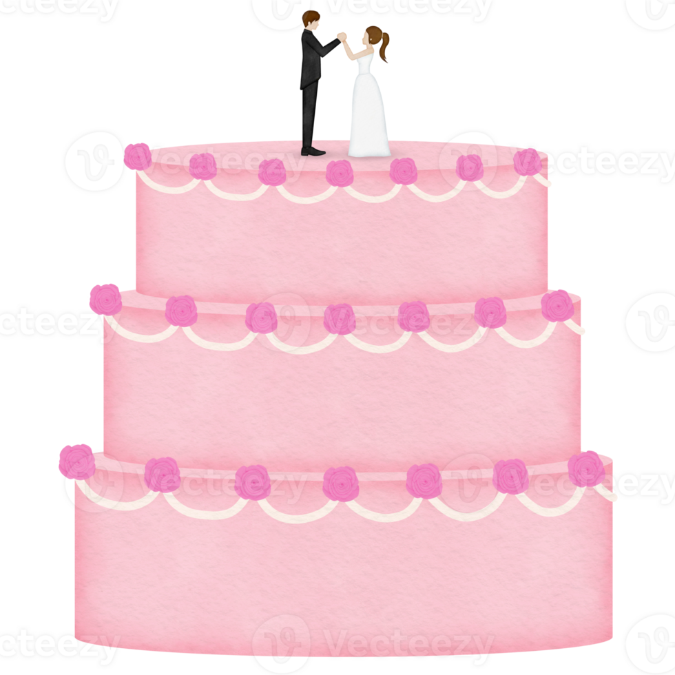 3 tier wedding cake with topper watercolor illustration png