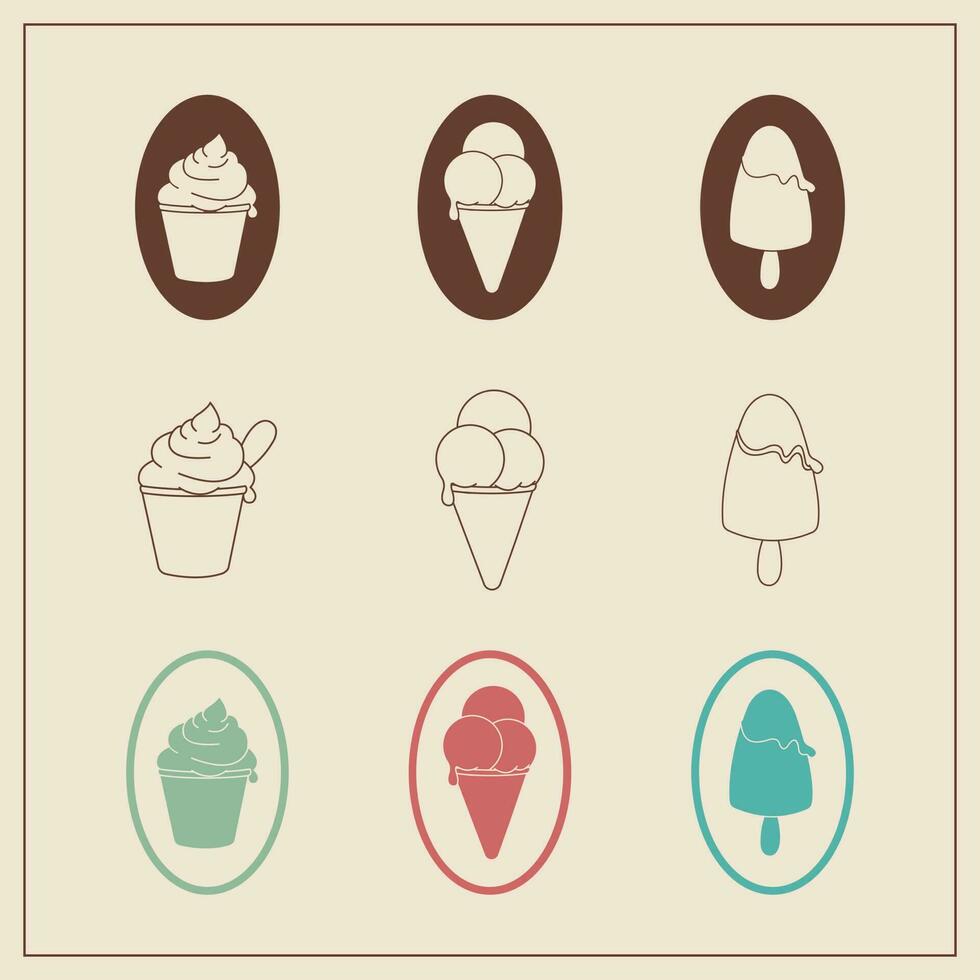 Set of icons of ice cream in a cone, cup, on a stick vector