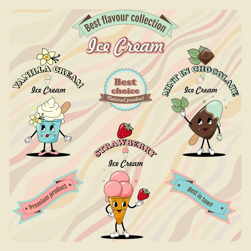 Set of cute 70s hippie ice cream characters and elements to create package design, menu, signboard, cover, poster. vector