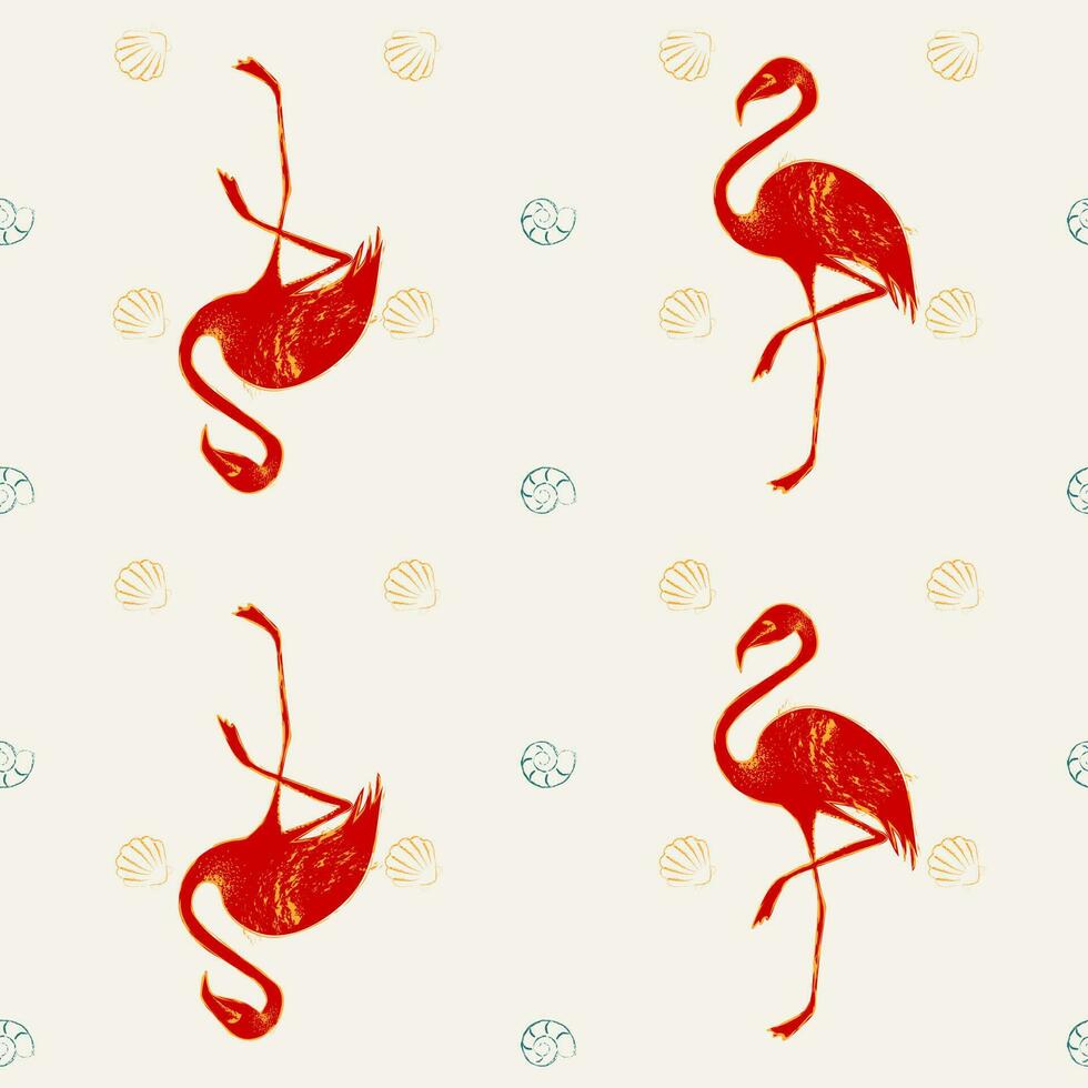 Flamingos, seashells. Seamless pattern, isolated. Bright, juicy summer shades, green, yellow. vector