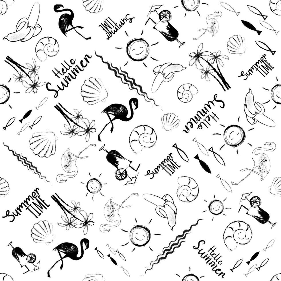 Seamless background with flamingos, palms, summer symbols, quotes, black and white sketch. Hand drawing, doodle, vector