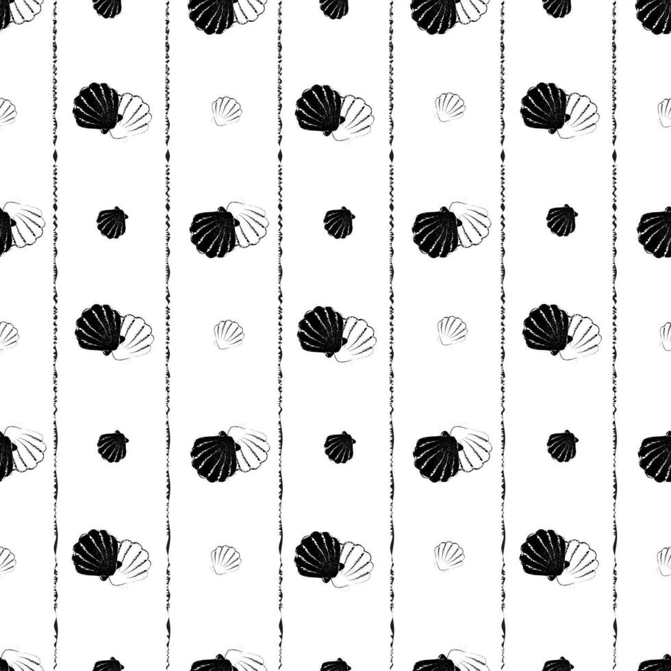 Seamless sea background with seashells and vertical stripes, black and white sketch. Summer theme, hand drawing, vector