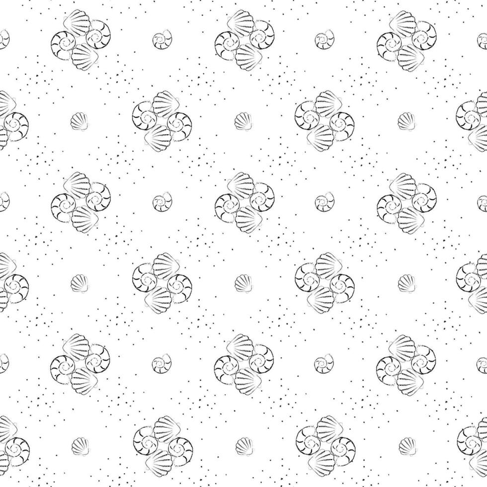 Seashells seamless pattern, black and white sketch. Summer, sea theme, hand drawing, vector