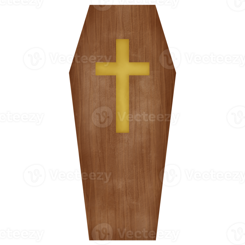 Brown wooden coffin watercolor illustration png