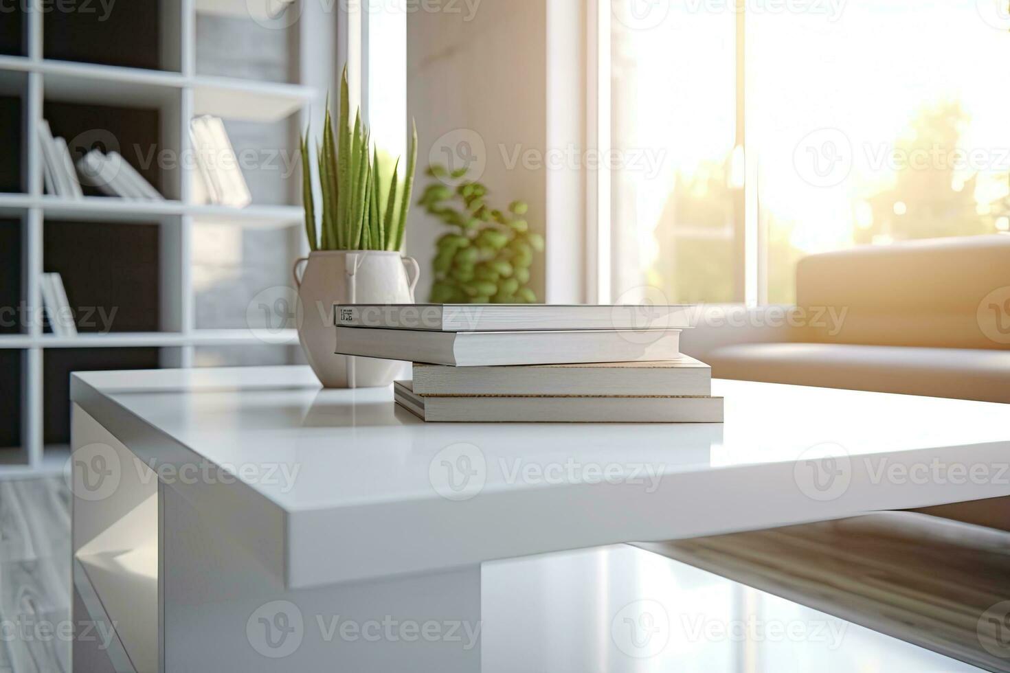 Close - up Modern white table top with free space to edit your product display with books above the living room blurred in the background photo