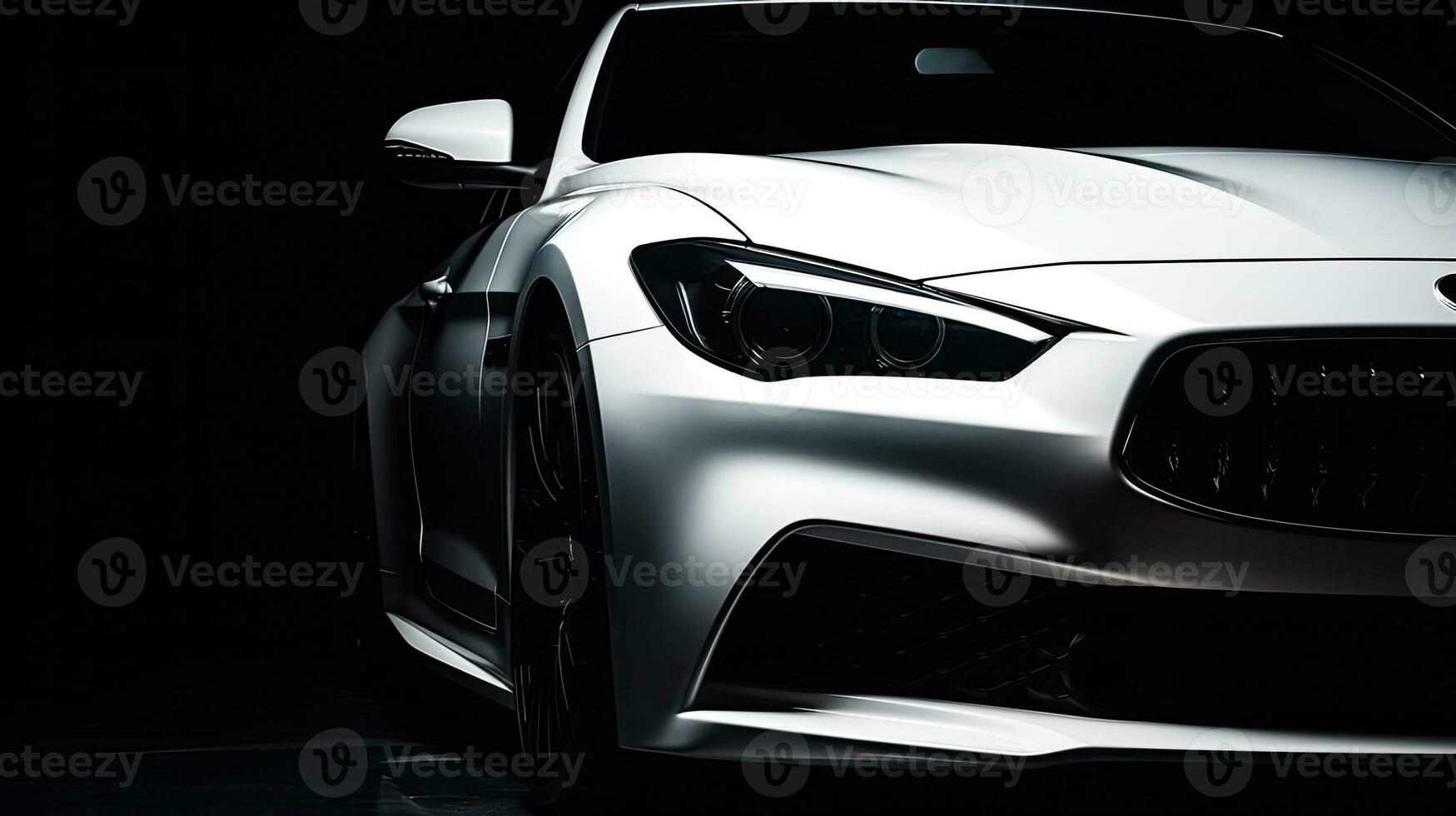 Close up white luxury car on black background with copy space photo