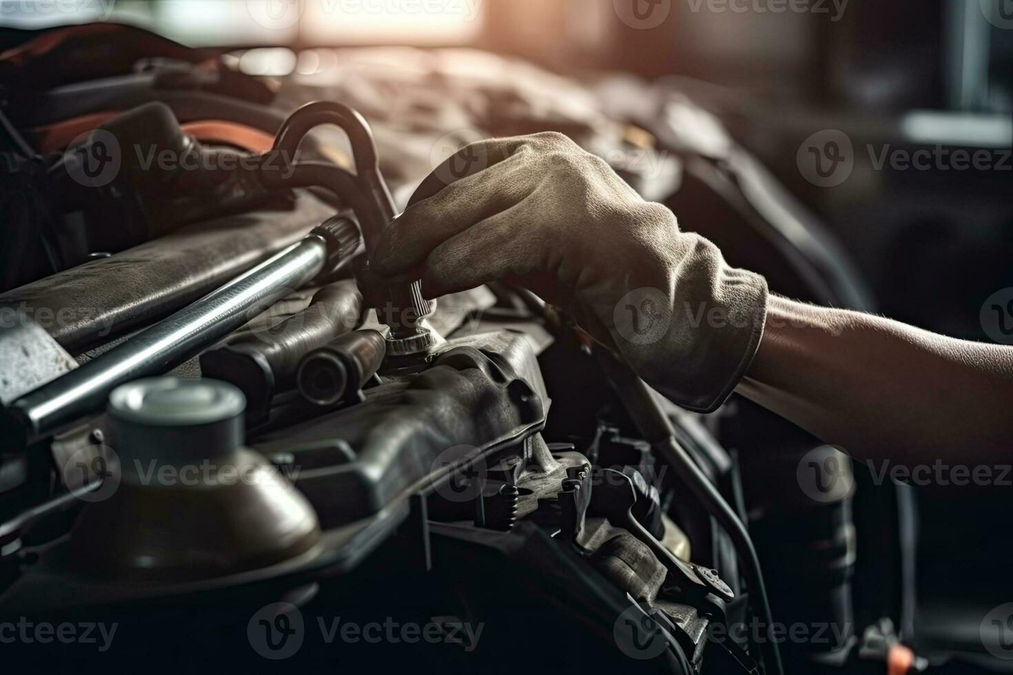 auto mecánico trabajando en coche roto motor en mecánica Servicio o cochera. transporte mantenimiento llave inglesa detial foto
