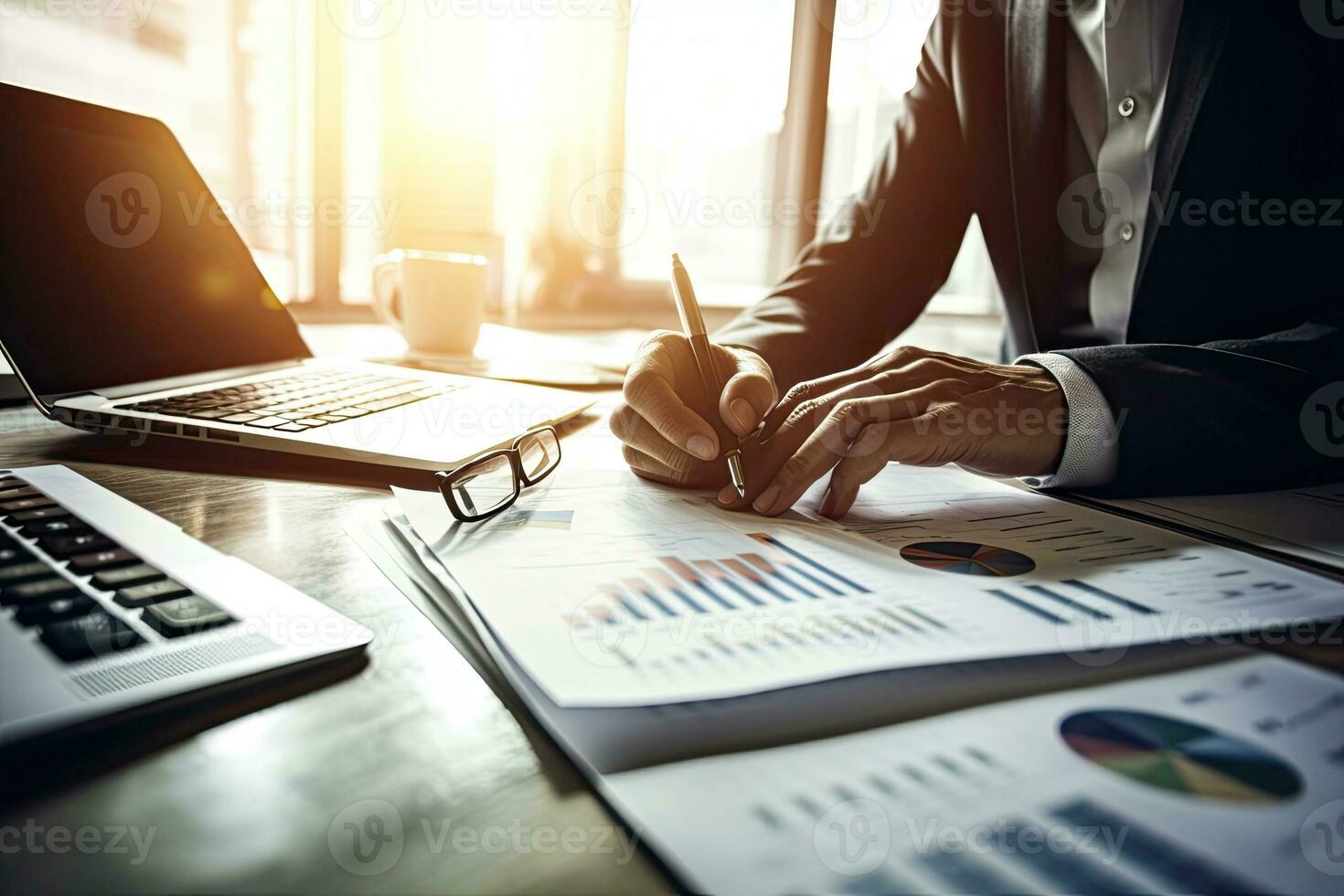 businessman hand working with finances about cost and calculator and laptop computer on wooden desk in modern office photo