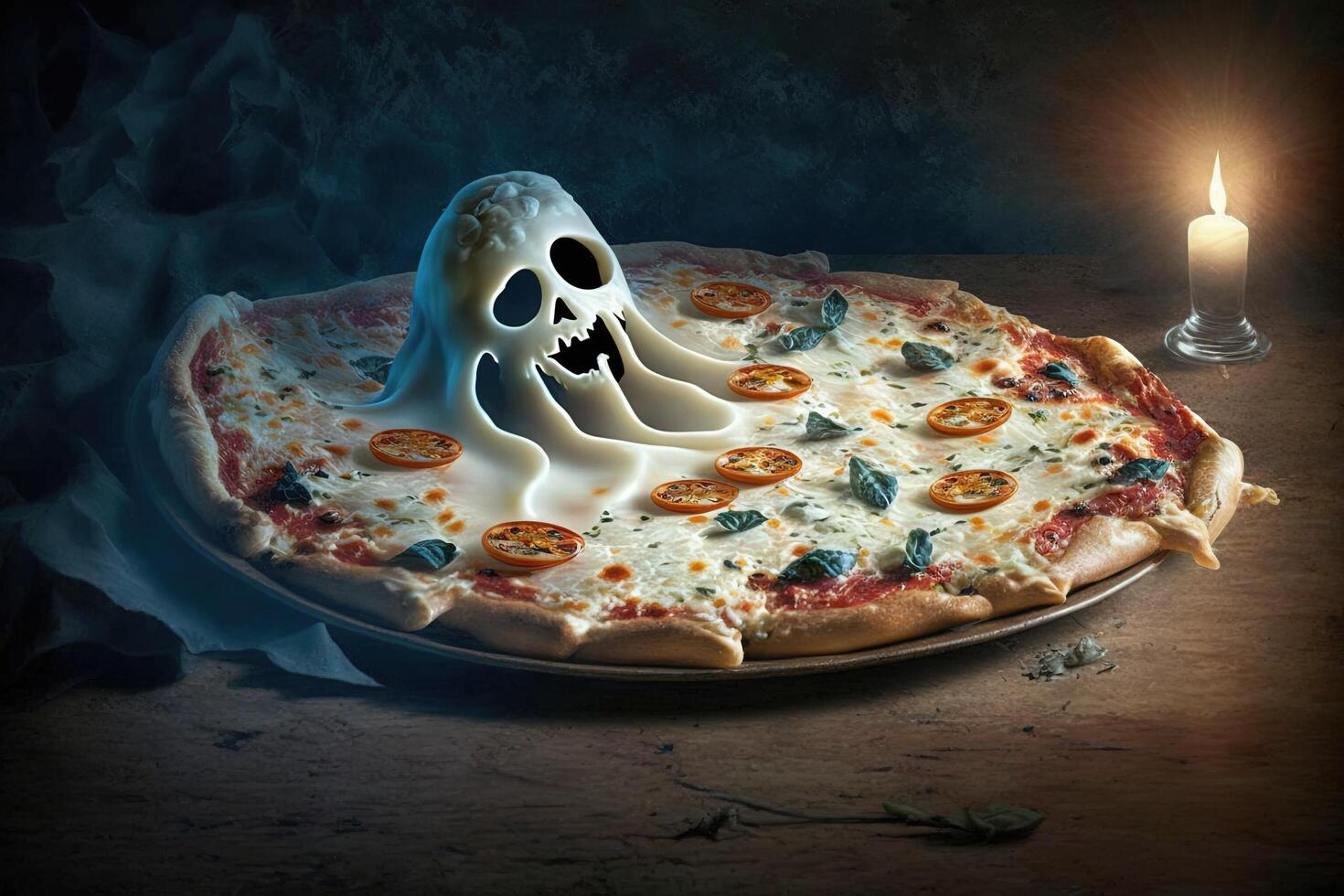 spooky pinapple pizza cheese ghost illustration photo