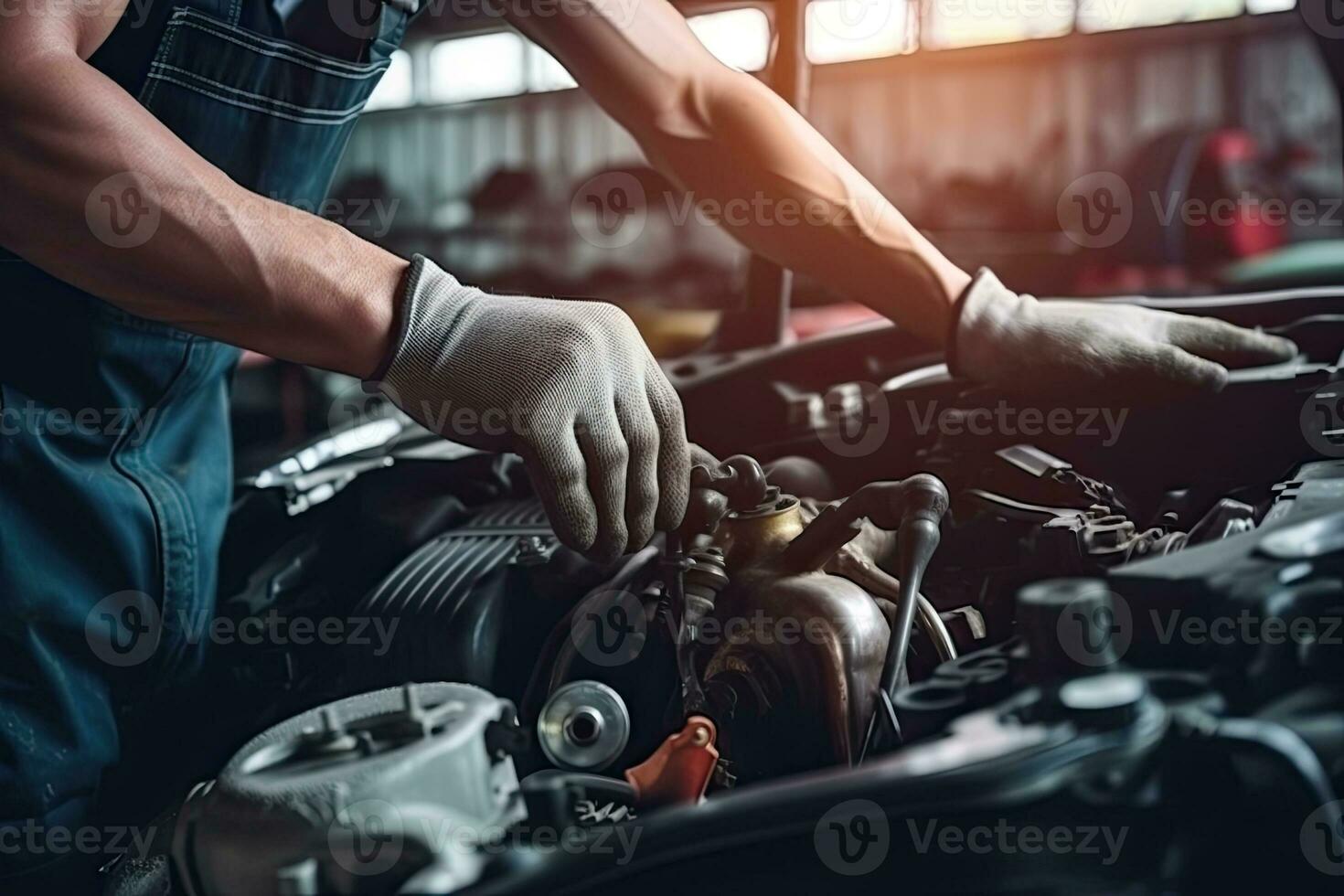 auto mecánico trabajando en coche roto motor en mecánica Servicio o cochera. transporte mantenimiento llave inglesa detia foto