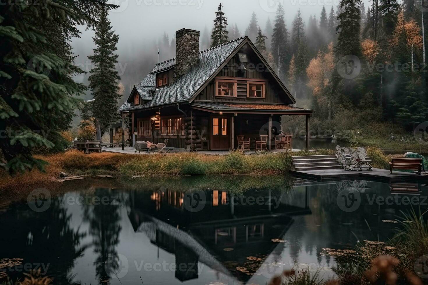 Old wooden house on the lake in the middle of the forest photo