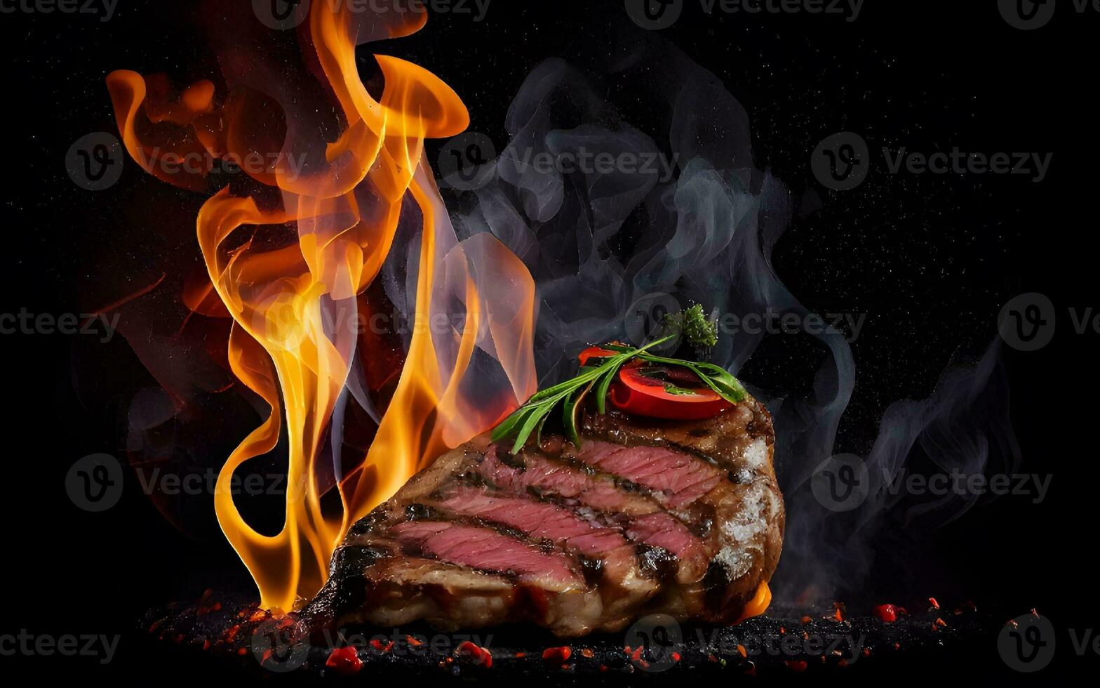 Grilled beef steak on the grill with flame On dark background, landscape view photo