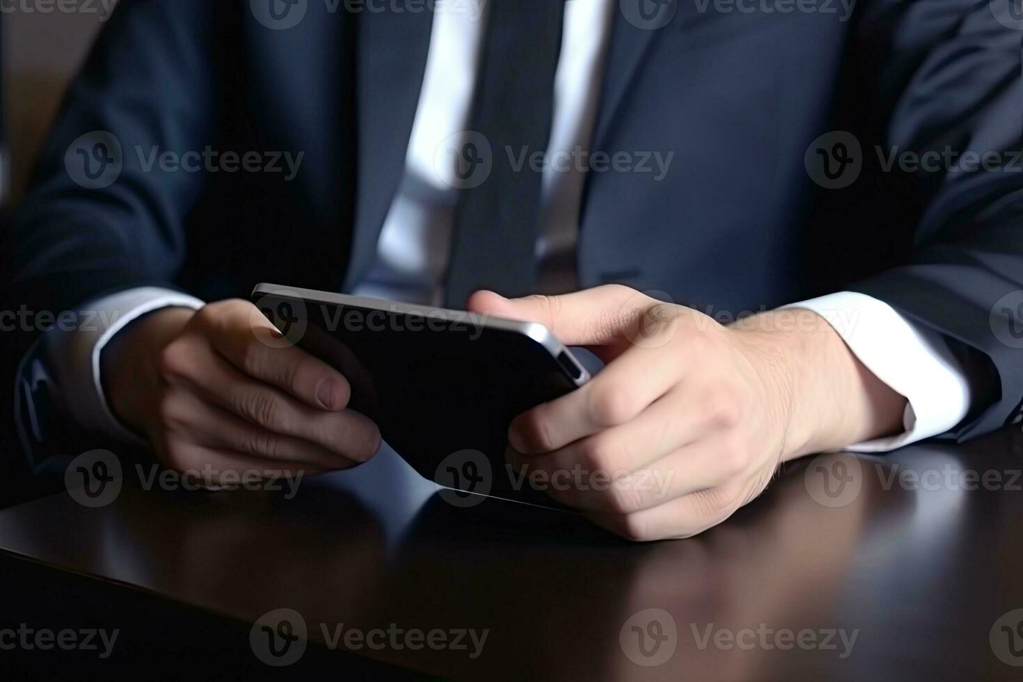 Businessman using mobile phone with blank screen sitting at office desk. photo