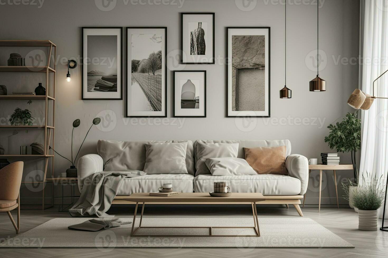 interior diseño de un elegante y cómodo elegante vivo habitación en gris antecedentes foto