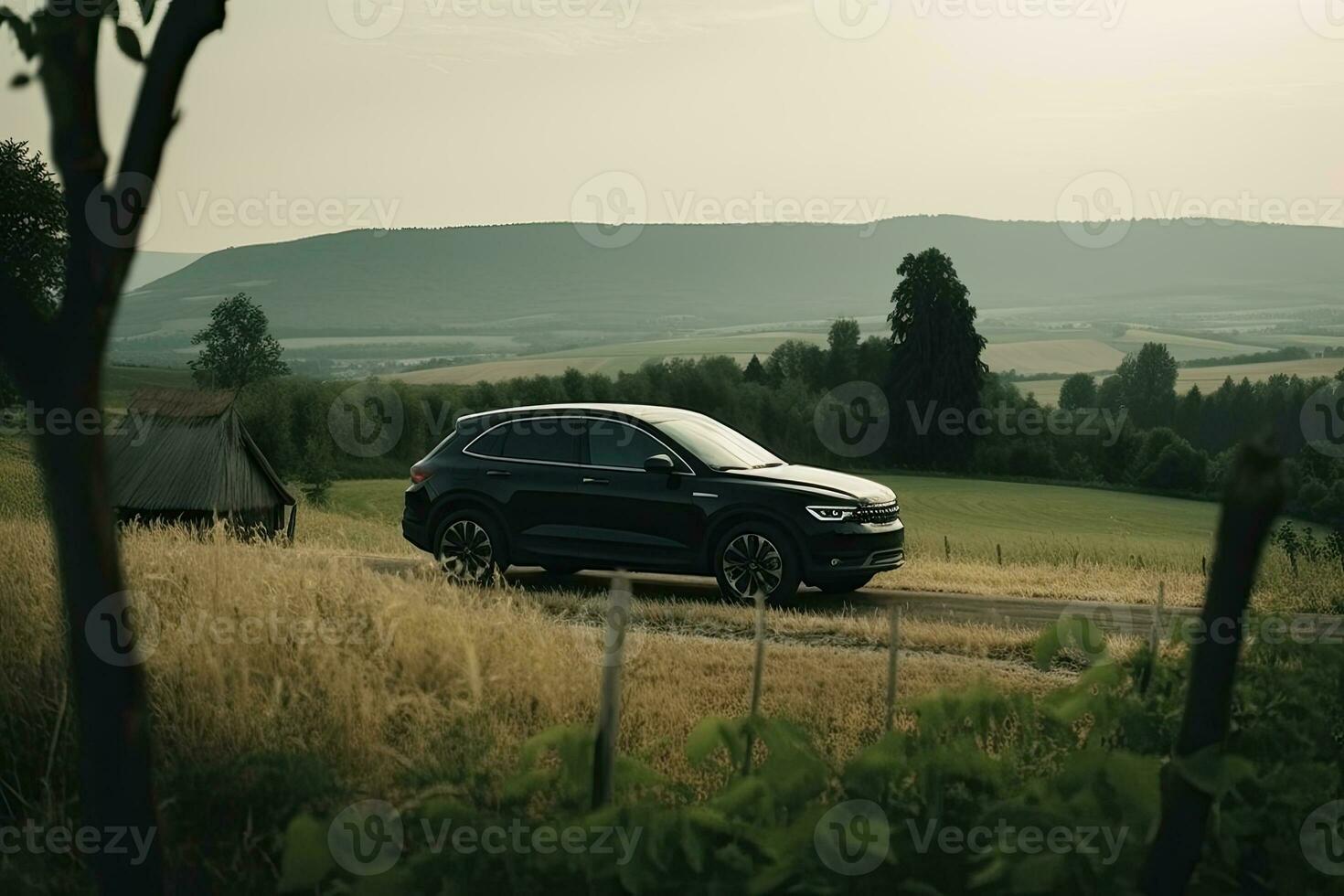 un negro coche en el la carretera en contra el fondo de un hermosa rural paisaje con Copiar espacio foto