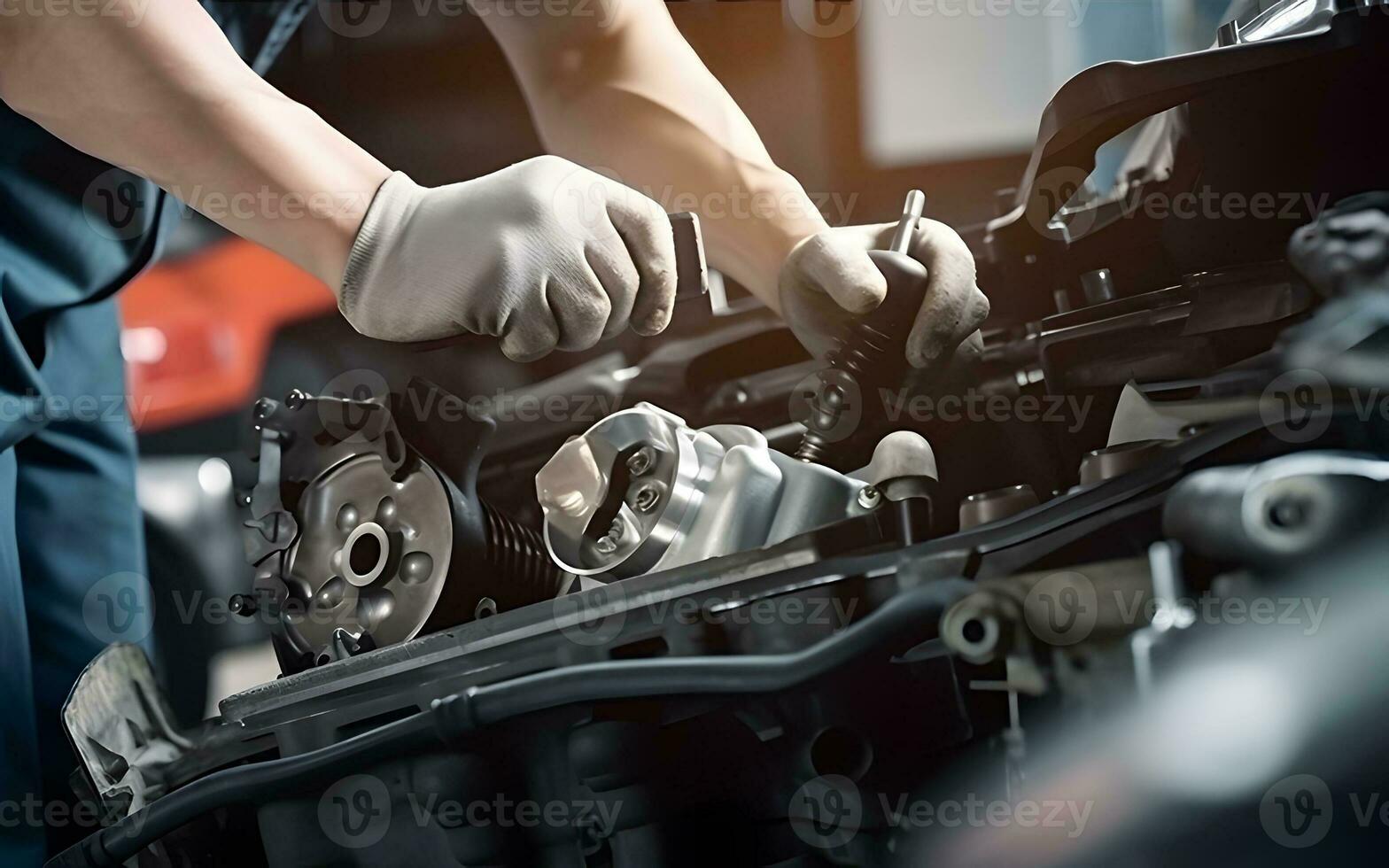 Auto mechanic working on car broken engine in mechanics service or garage. Transport maintenance wrench detial photo