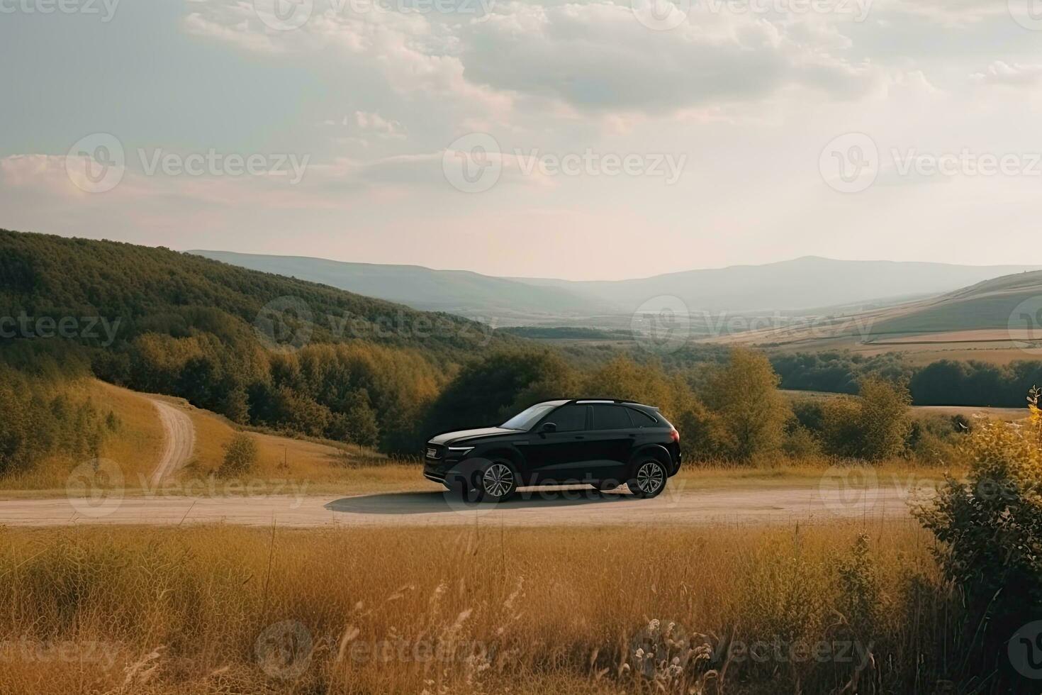 un negro coche en el la carretera en contra el fondo de un hermosa rural paisaje con Copiar espacio foto