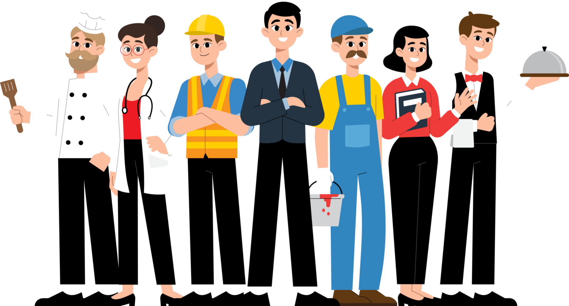 Group of People in different Professions. Businessman, Construction worker, Female Doctor,Teacher, Waiter, Chef Cartoon illustration. png