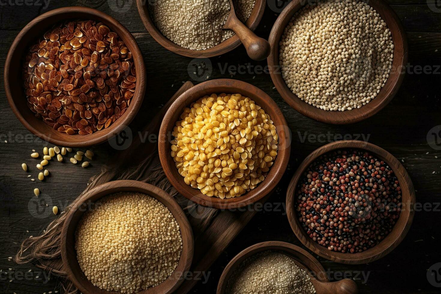 cereal in a wooden bowl top view with copy space photo