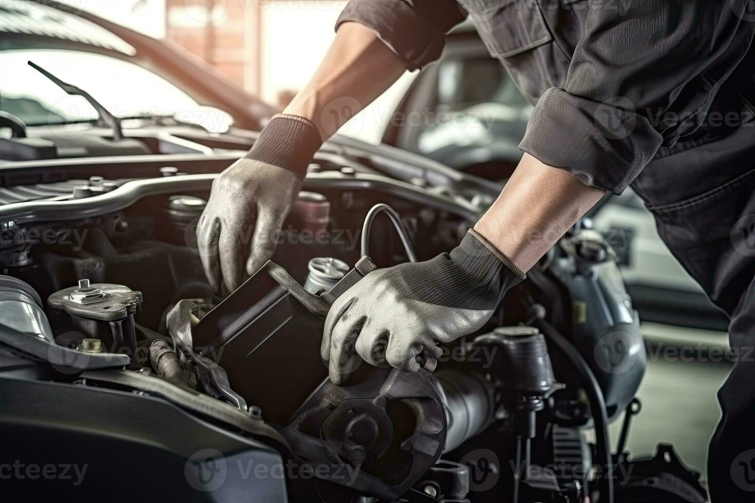 Auto mechanic working on car broken engine in mechanics service or garage. Transport maintenance wrench detia photo