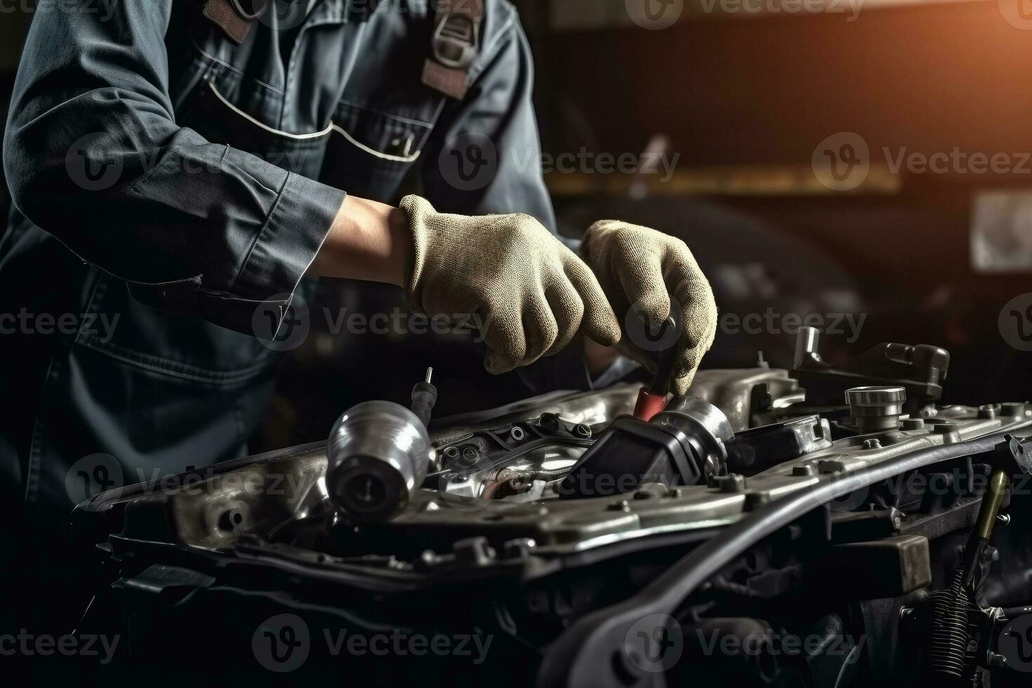 Auto mechanic working on car broken engine in mechanics service or garage. Transport maintenance wrench detia photo