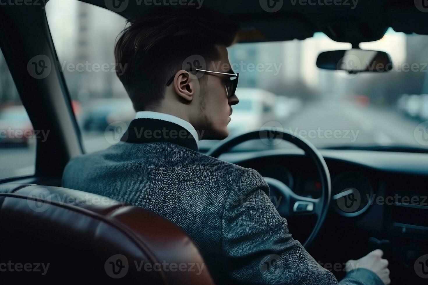 cerca arriba hermoso joven hombre en trabajo traje participación direccion rueda conducción en autopista la carretera foto