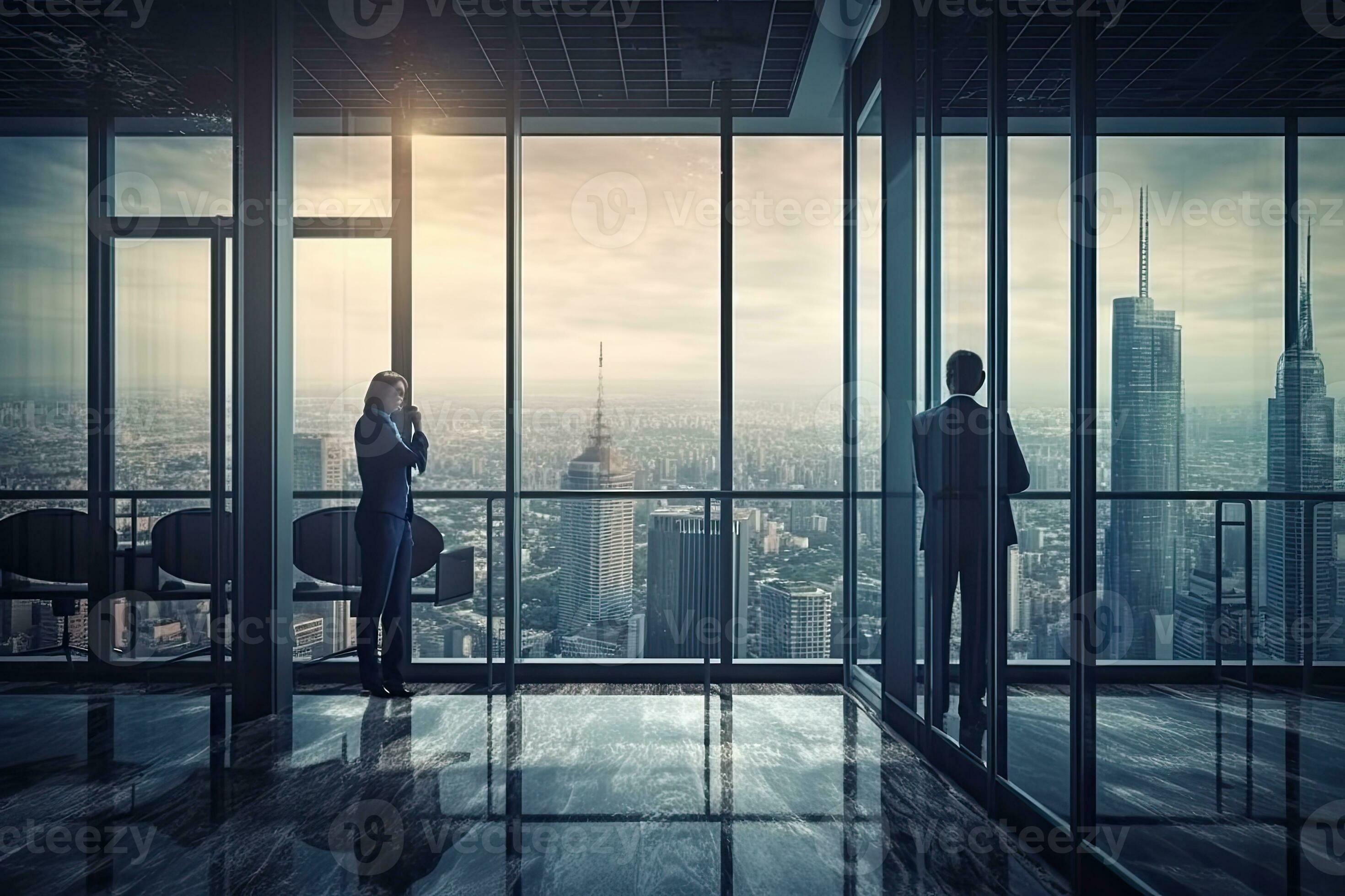 business people discussing business in the office view from outside the