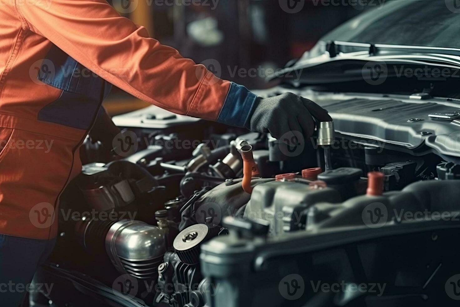 Auto mechanic working on car broken engine in mechanics service or garage. Transport maintenance wrench detia photo