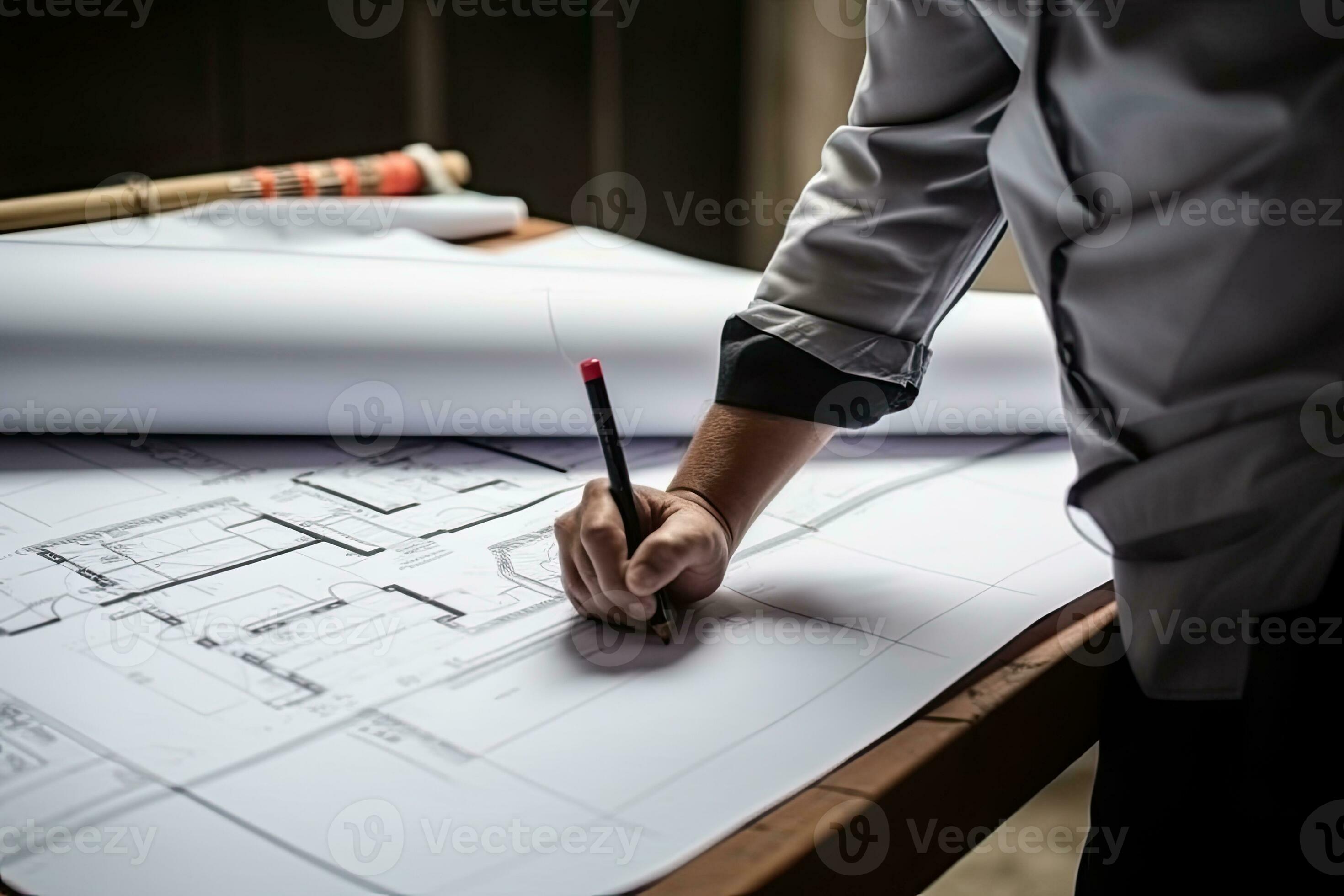 Architect or engineer working on blueprint at office building site