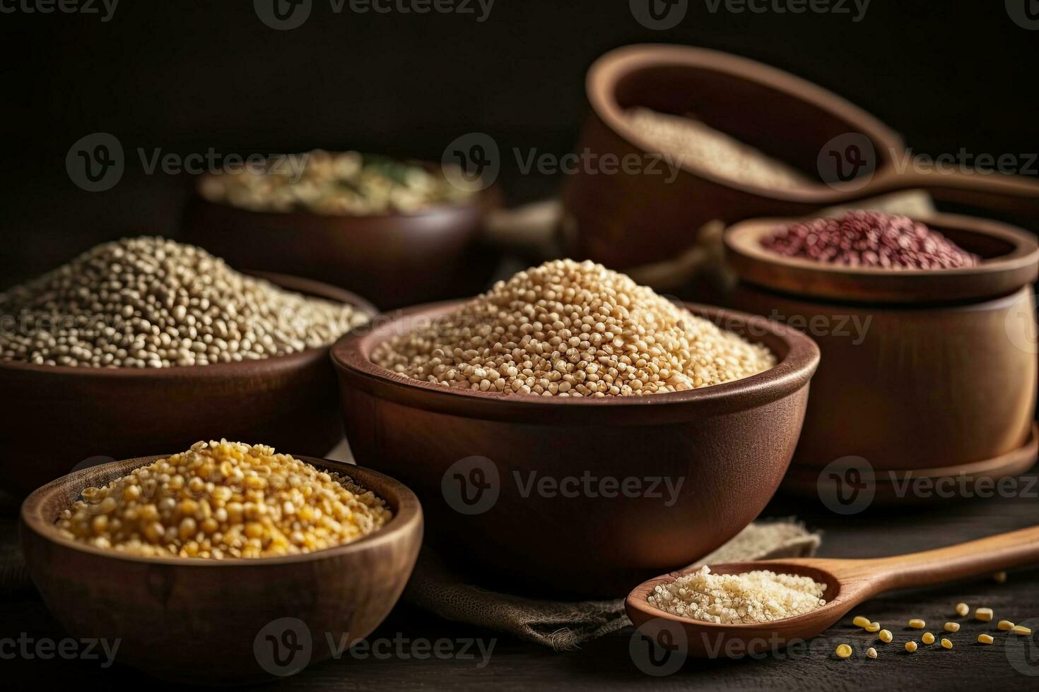 cereal in a wooden bowl top view with copy space photo