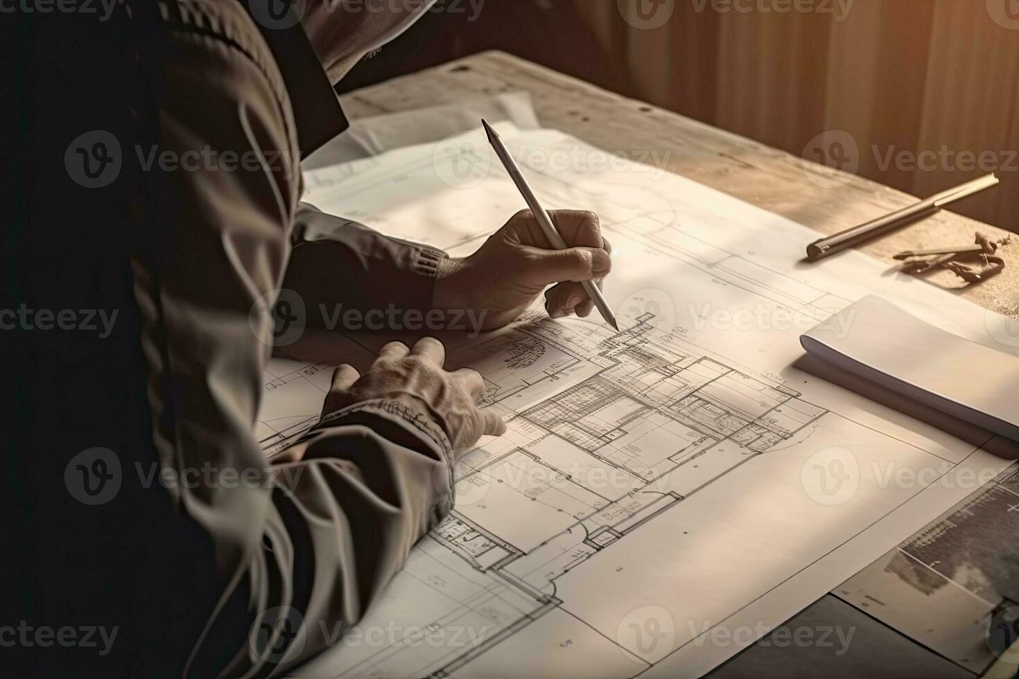 Architect or engineer working on blueprint at office building site. Engineering and architecture concept. photo