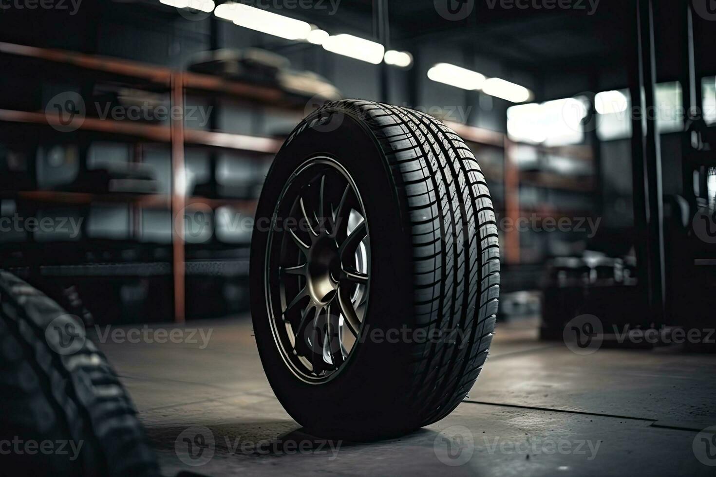 Mechanic service is changing new tires and wheels. on the garage background photo