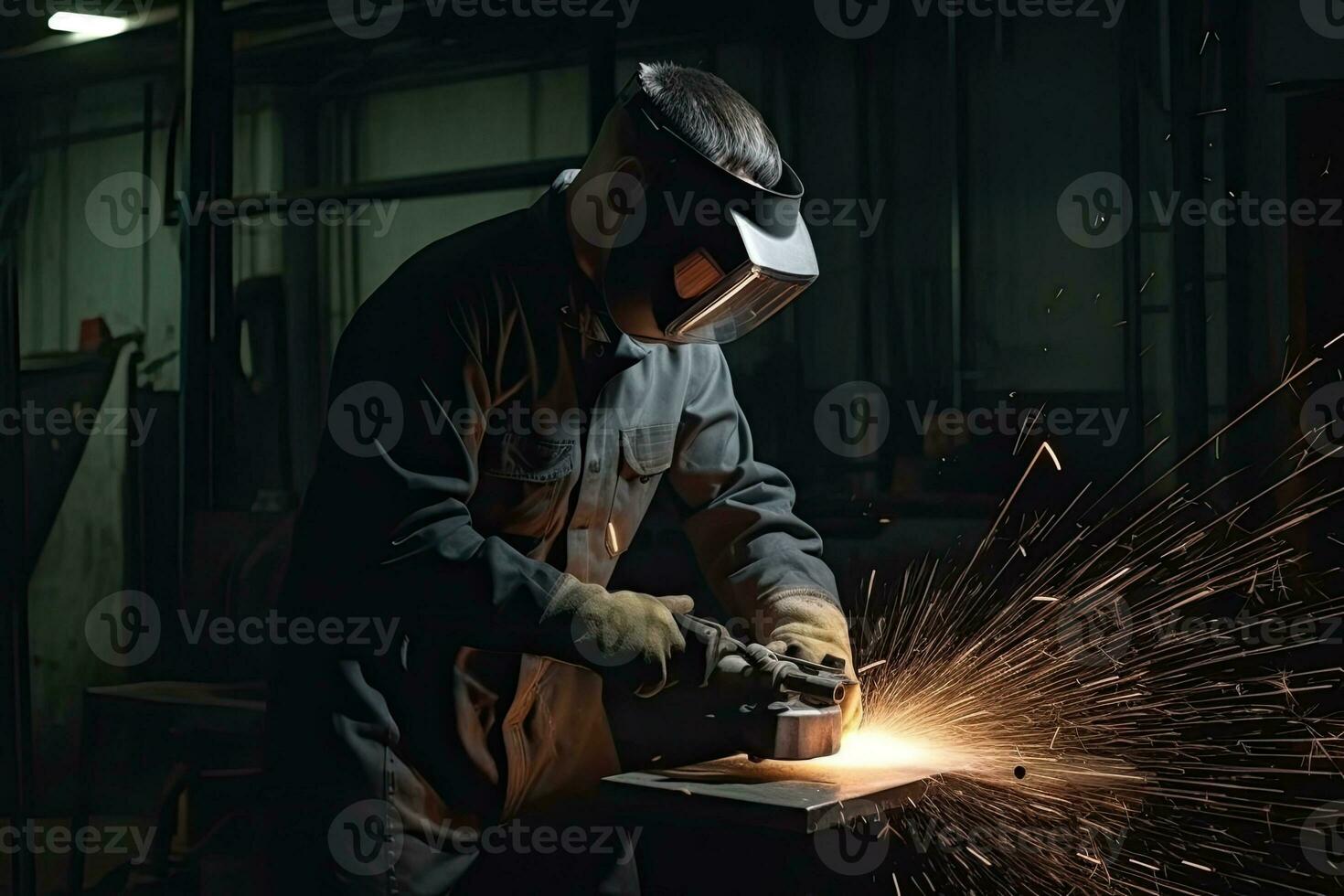 Worker making electric grinding wheel on steel structure in factory Metal processing with an angle grinder sparks in metal photo