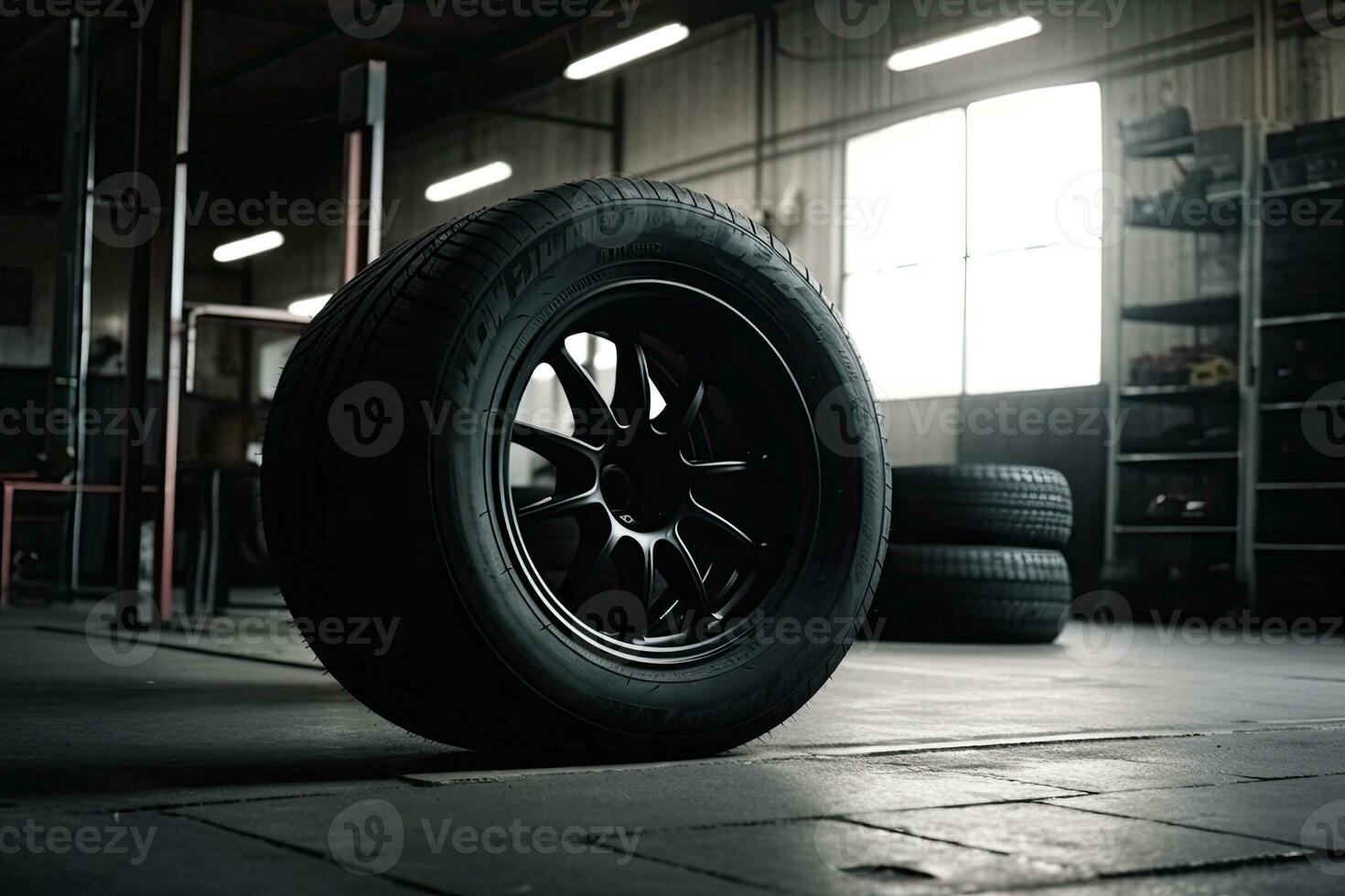Mechanic service is changing new tires and wheels. on the garage background photo