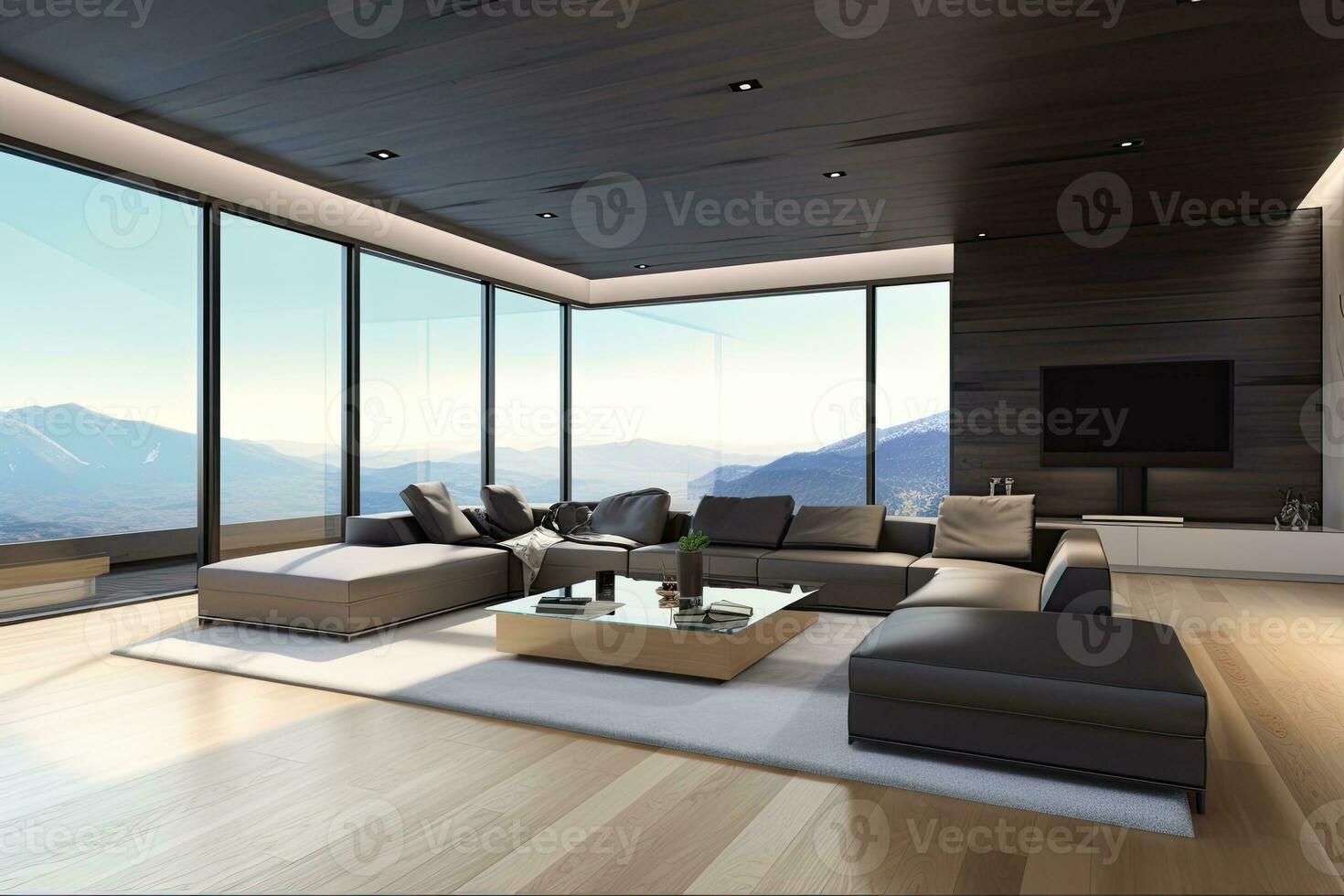 Modern luxury spacious penthouse living room interior design with comfortable sofa, coffee table, TV cabinet, TV on the wall and large glass window with mountain view photo