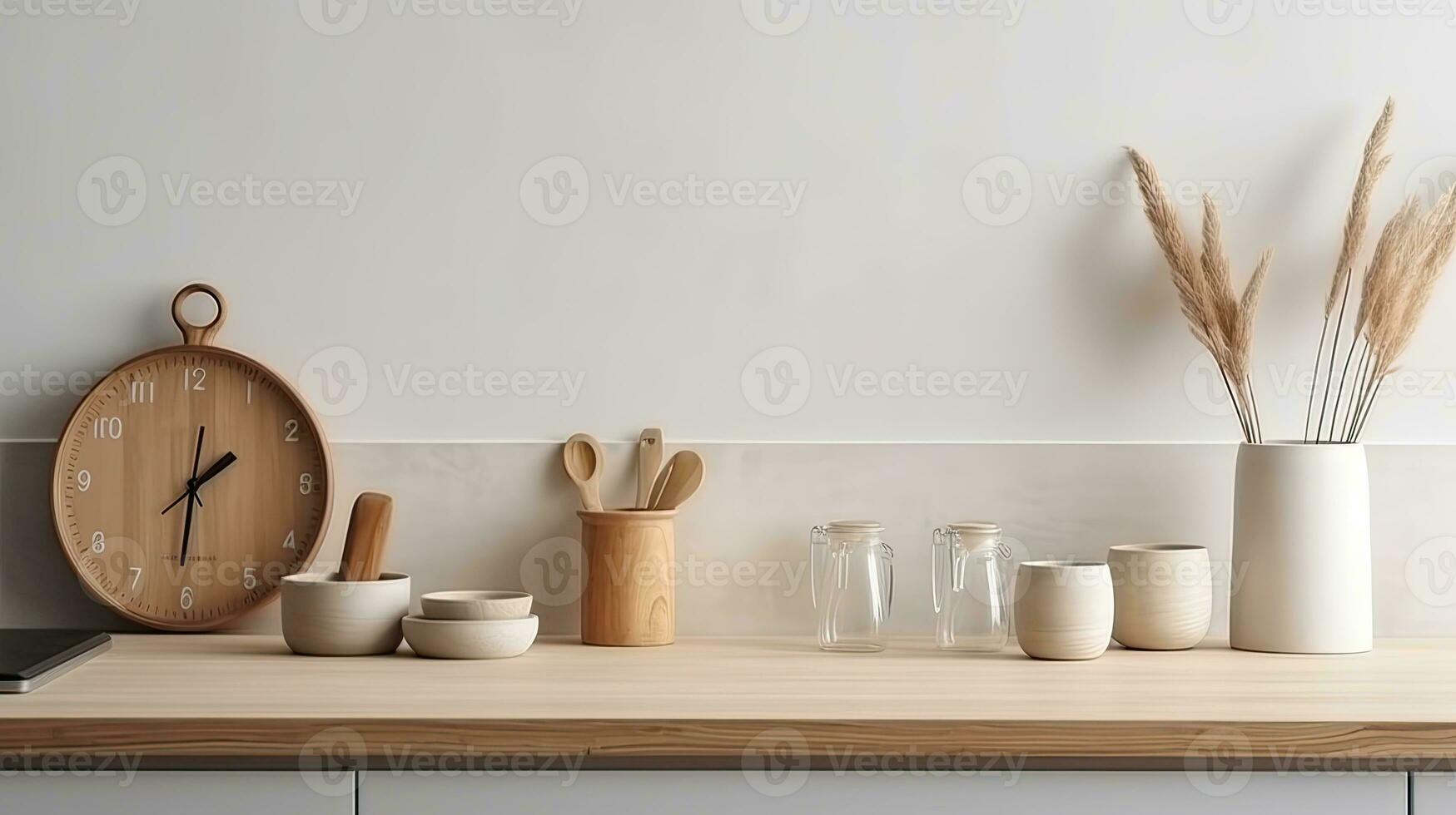 Interior of modern kitchen with white walls, wooden countertops, round wooden bowls with dried flowers and clocks. 3d rendering photo