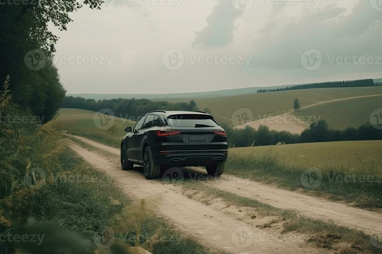 A black car on the road against the backdrop of a beautiful rural landscape with copy space photo