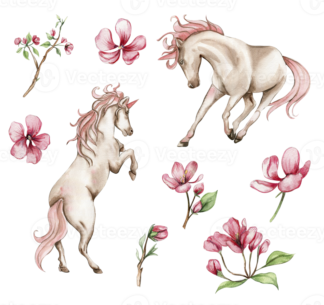 mooi, schattig, wit eenhoorn met roze Vleugels en roze bloemen set. voor kinderkamer, baby douche, uitnodiging voor verjaardag feest. waterverf illustratie voor groet kaart, affiches, stickers, verpakking. png