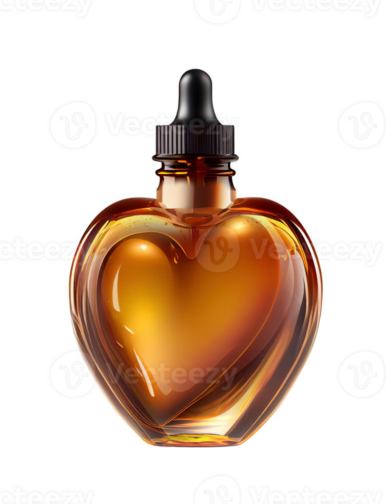 Amber glass dropper heart shape bottle on transparent background, created with png